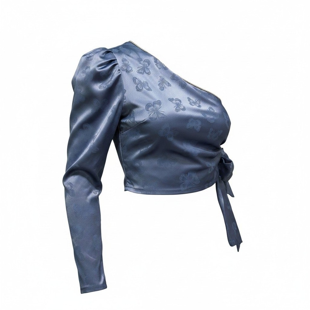 Butterfly Satin Rhinestone Crop One Shoulder Blouse Womens L Blue